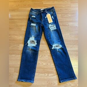 Risen Sequin Sparkle Patched Distressed Jeans, Dark Wash, size 5/27, NWT
